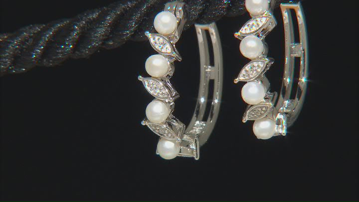 White Cultured Freshwater Pearl and White Zircon Rhodium Over Sterling Silver Hoop Earrings Video Thumbnail