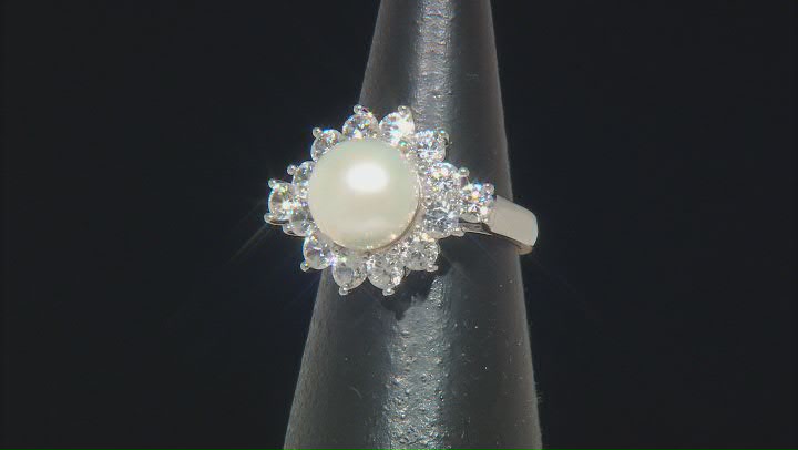 White Cultured Freshwater Pearl and White Zircon Rhodium Over Sterling Silver Halo Ring Video Thumbnail
