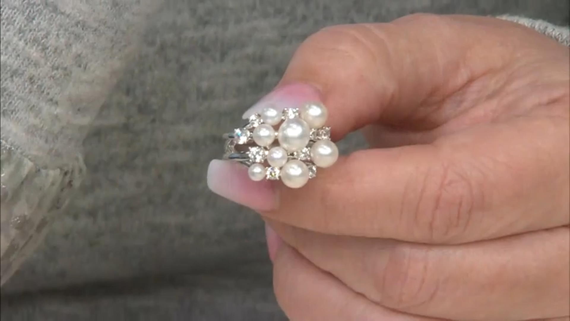 White Cultured Freshwater Pearl and White Zircon Rhodium Over Sterling Silver Cluster Ring Video Thumbnail