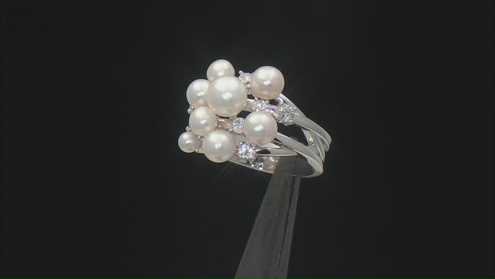 White Cultured Freshwater Pearl and White Zircon Rhodium Over Sterling Silver Cluster Ring Video Thumbnail