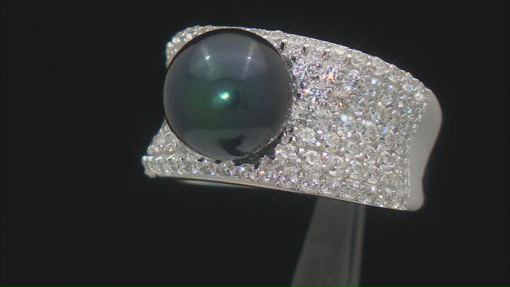 Black Cultured Freshwater Pearl and White Zircon Rhodium Over Sterling Silver Ring Video Thumbnail