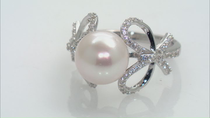 White Cultured Freshwater Pearl and White Zircon Rhodium Over Sterling Silver Bow Ring Video Thumbnail