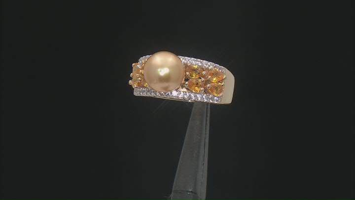 Golden Cultured South Sea Pearl with Yellow Sapphire & White Zircon 18k Yellow Gold Over Silver Ring Video Thumbnail