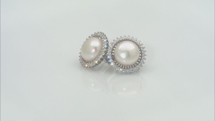 White Cultured Freshwater Pearl and Cubic Zirconia Sterling Silver Stud Earrings Video Thumbnail