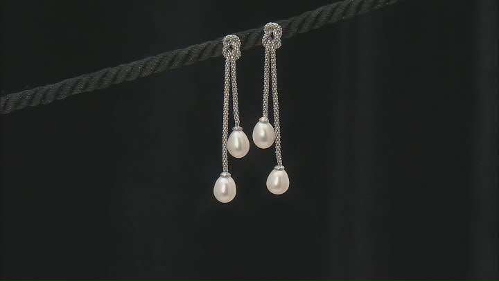 White Cultured Freshwater Pearl Rhodium Over Sterling Silver Dangle Rope Earrings Video Thumbnail