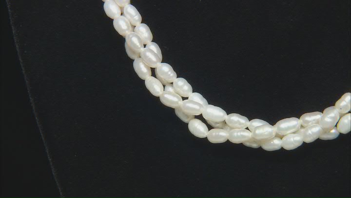 White Cultured Freshwater Pearl Rhodium Over Sterling Silver Three Row Necklace Video Thumbnail