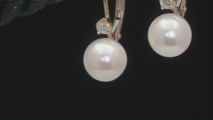 White Cultured Japanese Akoya Pearl and 0.1ctw Diamond 14k Yellow Gold Drop Earrings Video Thumbnail