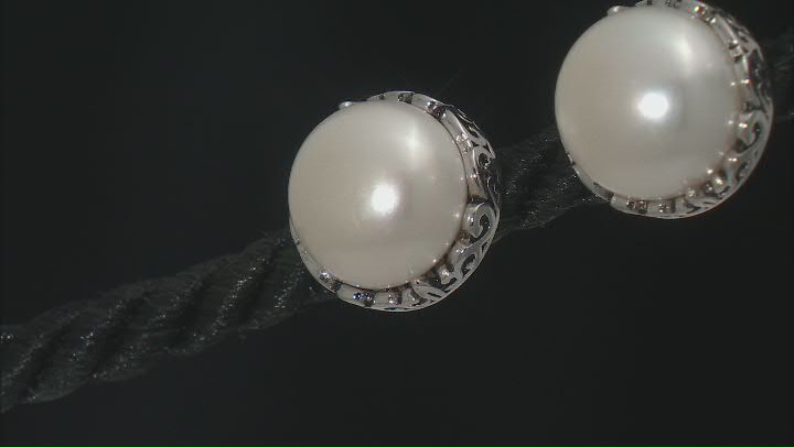 White Cultured Freshwater Pearl Rhodium Over Sterling Silver Button Stud Earrings Video Thumbnail