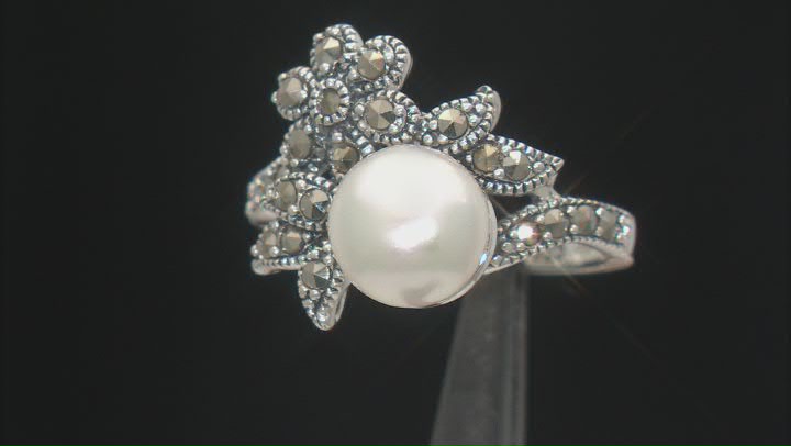 White Cultured Freshwater Pearl and Marcasite Oxidized Sterling Silver Ring Video Thumbnail