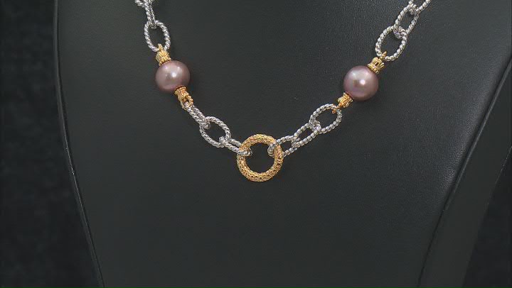 Cultured Kasumiga Pearl Rhodium and 18k Gold Over Sterling Silver Two-Tone Link Necklace Video Thumbnail