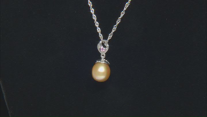 Golden Cultured South Sea Pearl and Pink Sapphire Rhodium Over Sterling Silver Pendant Video Thumbnail