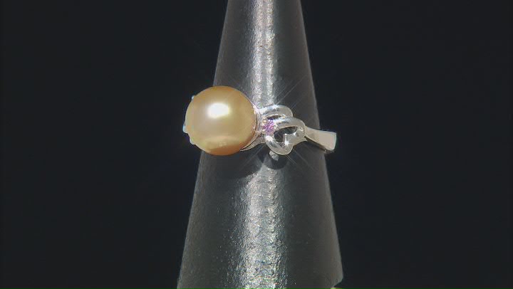 Golden Cultured South Sea Pearl and Pink Sapphire Rhodium Over Sterling Silver Ring Video Thumbnail