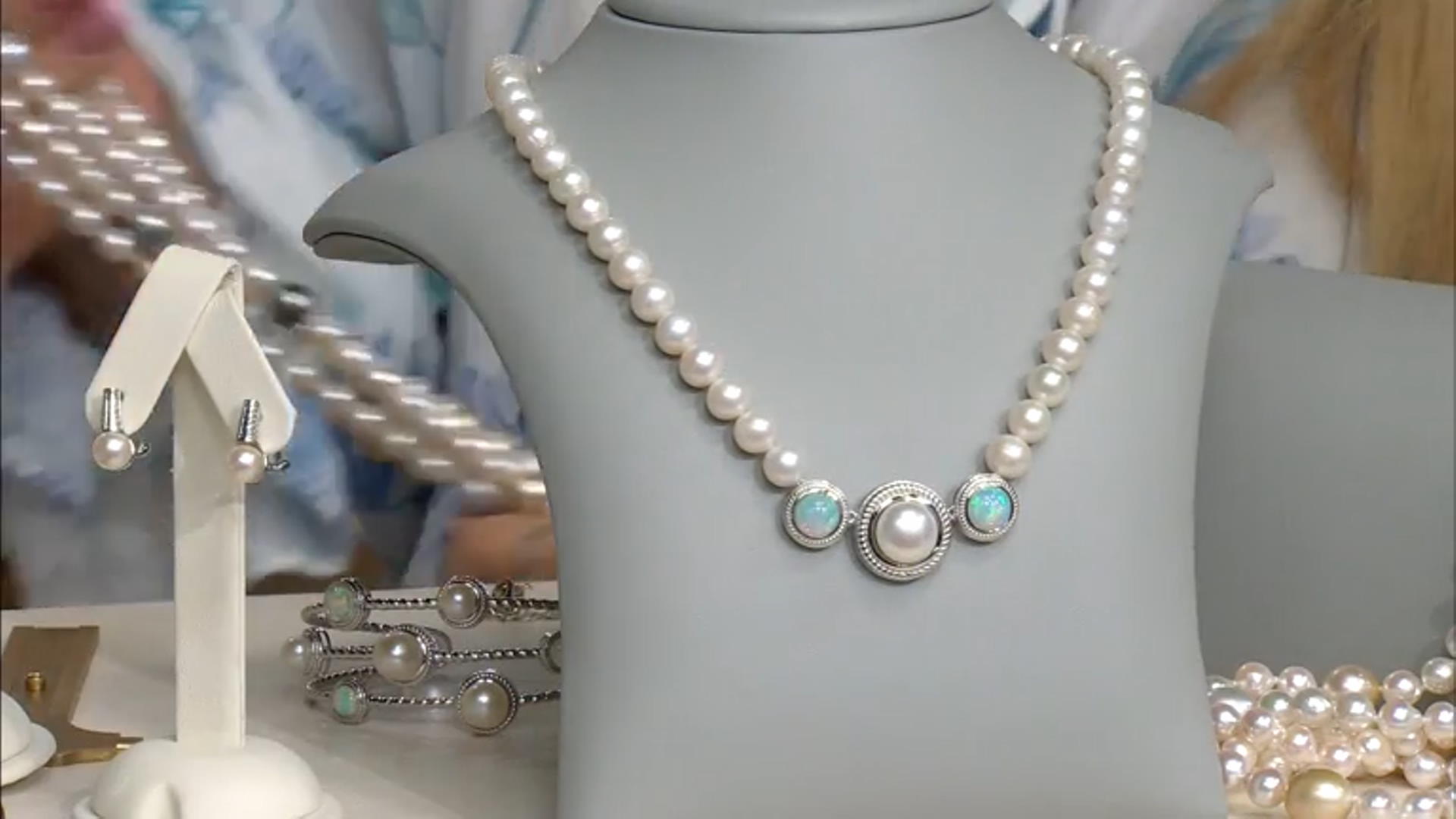 Cultured Freshwater Pearl and 8mm Ethiopian Opal Rhodium Over Sterling Silver Necklace Video Thumbnail