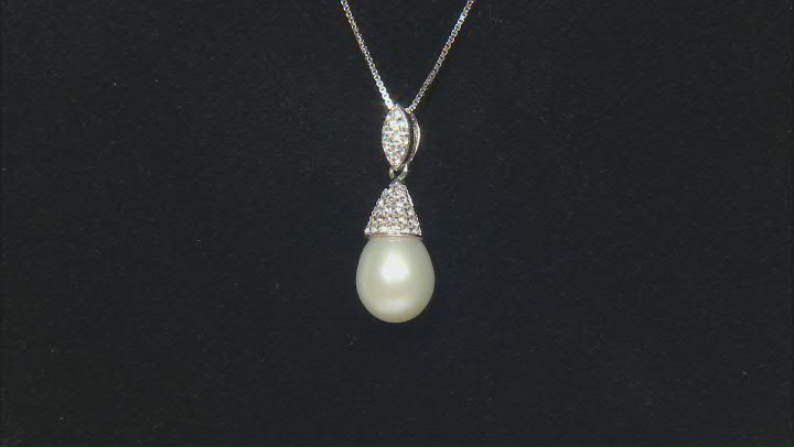 White Cultured Freshwater Pearl and Lab White Sapphire Rhodium Over Sterling Silver Pendant Video Thumbnail