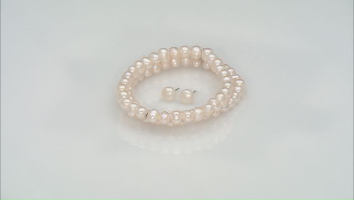 White Cultured Freshwater Pearl Rhodium Over Sterling Silver Stretch Bracelet and Stud Set Video Thumbnail