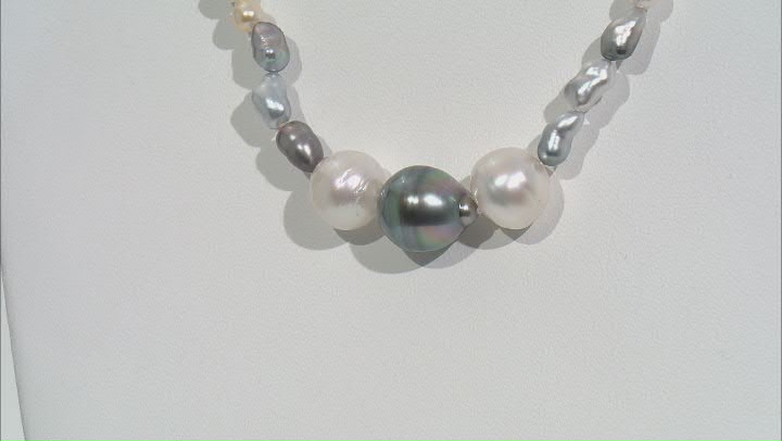 Cultured Tahitian, White South Sea, Multicolor Japanese Akoya Pearl Rhodium Over Sterling Necklace Video Thumbnail