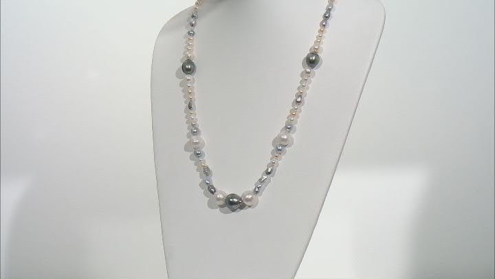 Cultured Tahitian, White South Sea, Multicolor Japanese Akoya Pearl Rhodium Over Sterling Necklace Video Thumbnail