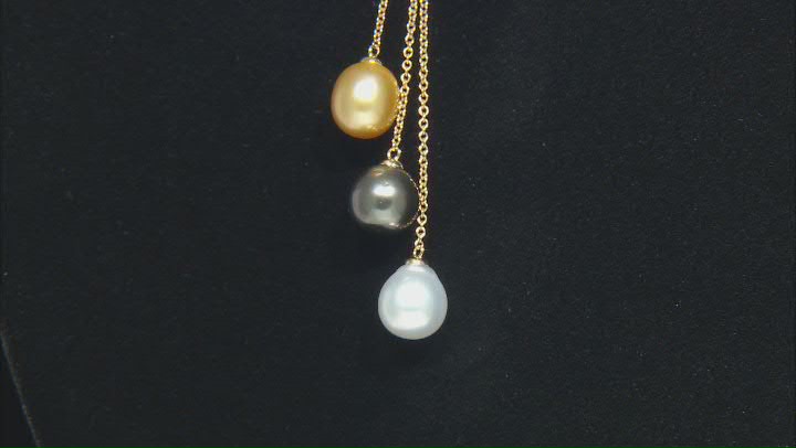 Cultured Tahitian and Golden and White South Sea Pearl 14k Gold Y Necklace Video Thumbnail
