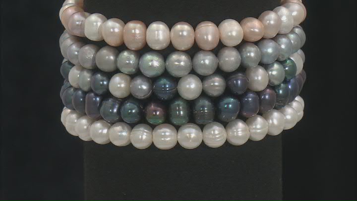 Multicolor Cultured Freshwater Pearl Elastic Stretch Bracelet Set of 5 Video Thumbnail