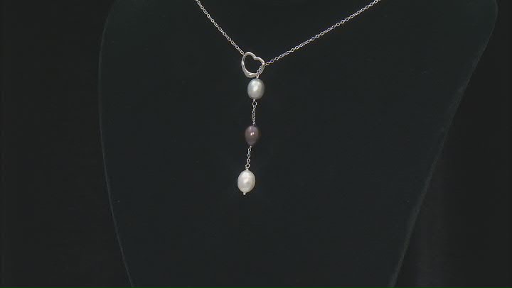 White, Black and Grey Cultured Freshwater Pearl Sterling Silver Lariat Heart Necklace Video Thumbnail