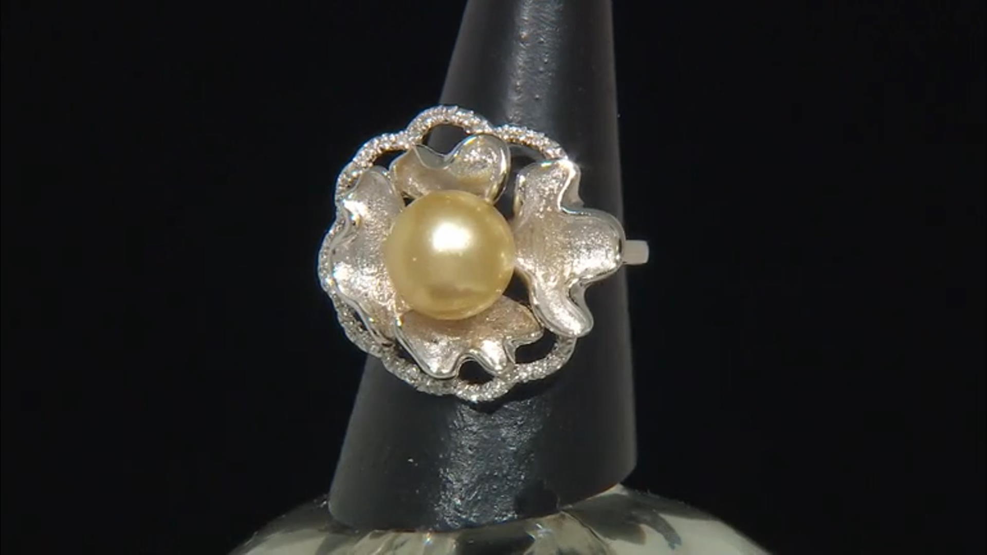 Golden Cultured South Sea Pearl and White Topaz Rhodium Over Sterling Silver Ring Video Thumbnail