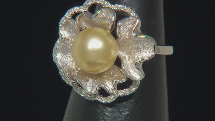 Golden Cultured South Sea Pearl and White Topaz Rhodium Over Sterling Silver Ring Video Thumbnail