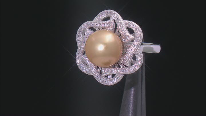 Golden Cultured South Sea Pearl and White Topaz Rhodium Over Sterling Silver Ring Video Thumbnail