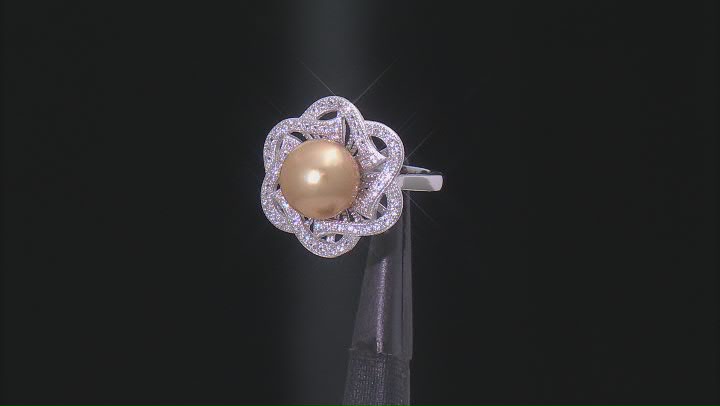 Golden Cultured South Sea Pearl and White Topaz Rhodium Over Sterling Silver Ring Video Thumbnail