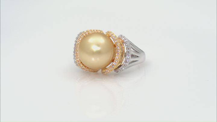 Golden Cultured South Sea Pearl with Topaz Rhodium & 18k Gold Over Sterling Silver Two-Tone Ring Video Thumbnail