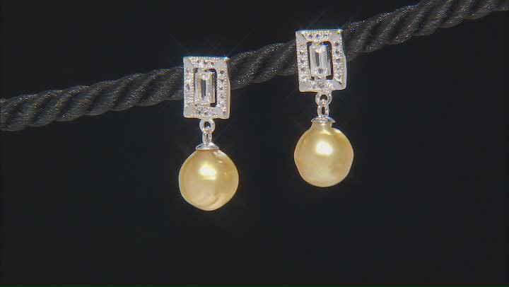 Golden Cultured South Sea Pearl and White Topaz Rhodium Over Sterling Silver Earrings Video Thumbnail