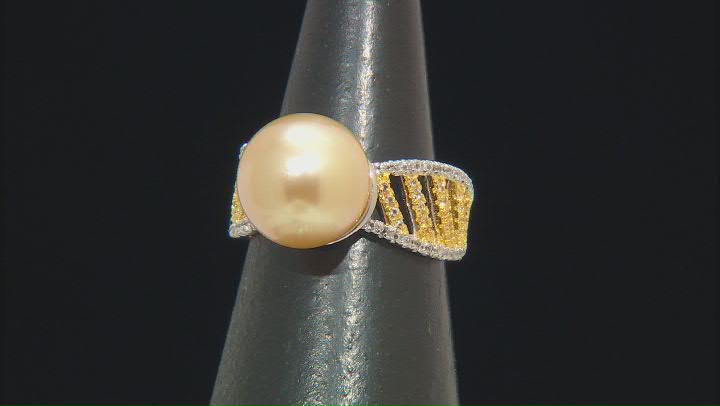 Golden Cultured South Sea Pearl & White Topaz Rhodium and 18k Yellow Gold Over Silver Ring Video Thumbnail