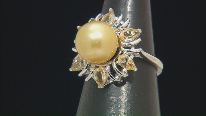 Golden Cultured South Sea Pearl and Citrine Rhodium Over Sterling Silver Ring Video Thumbnail