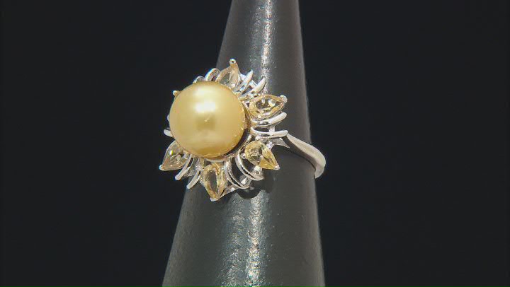 Golden Cultured South Sea Pearl and Citrine Rhodium Over Sterling Silver Ring Video Thumbnail