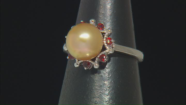 Golden Cultured South Sea Pearl and Garnet Rhodium Over Sterling Silver Ring Video Thumbnail