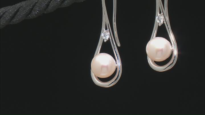 White Cultured Freshwater Pearl with Cubic Zirconia Rhodium Over Sterling Silver Earrings Video Thumbnail