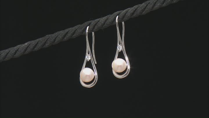 White Cultured Freshwater Pearl with Cubic Zirconia Rhodium Over Sterling Silver Earrings Video Thumbnail