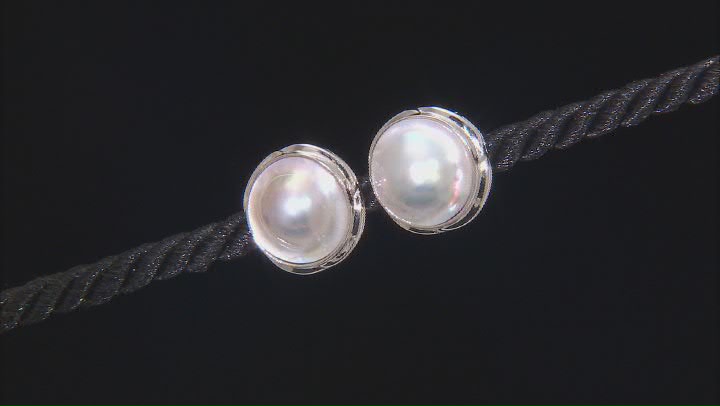 Platinum Cultured South Sea Mabe Pearl Rhodium Over Sterling Silver Stud Earrings Video Thumbnail