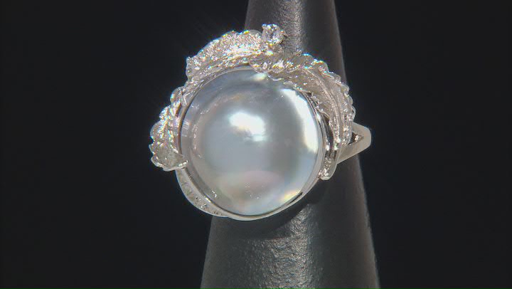 Platinum Cultured Mabe Pearl Rhodium Over Sterling Silver Ring Video Thumbnail