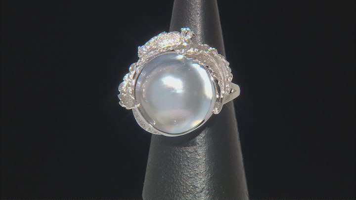 Platinum Cultured Mabe Pearl Rhodium Over Sterling Silver Ring Video Thumbnail