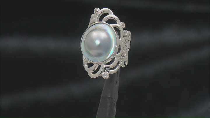 Platinum Cultured South Sea Mabe Pearl With White Topaz Rhodium Over Sterling Silver Ring Video Thumbnail