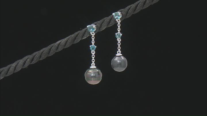 Cultured Tahitian Pearl and London Blue Topaz Rhodium Over Sterling Silver Earrings Video Thumbnail