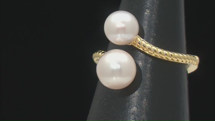 White Cultured Freshwater Pearl 18k Yellow Gold Over Sterling Silver Bypass Ring Video Thumbnail