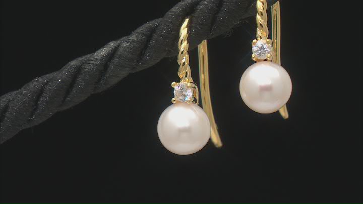 White Cultured Freshwater Pearl and White Zircon 18k Yellow Gold Over Sterling Silver Earrings Video Thumbnail