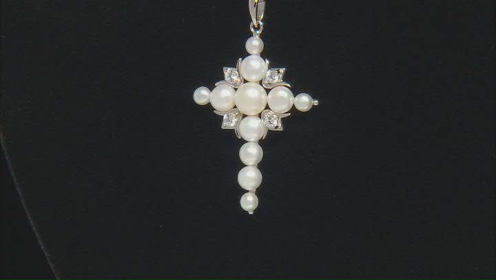 White Cultured Freshwater Pearl and White Zircon Rhodium Over Sterling Silver Cross Pendant Video Thumbnail