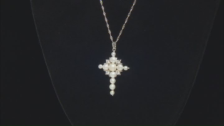 White Cultured Freshwater Pearl and White Zircon Rhodium Over Sterling Silver Cross Pendant Video Thumbnail