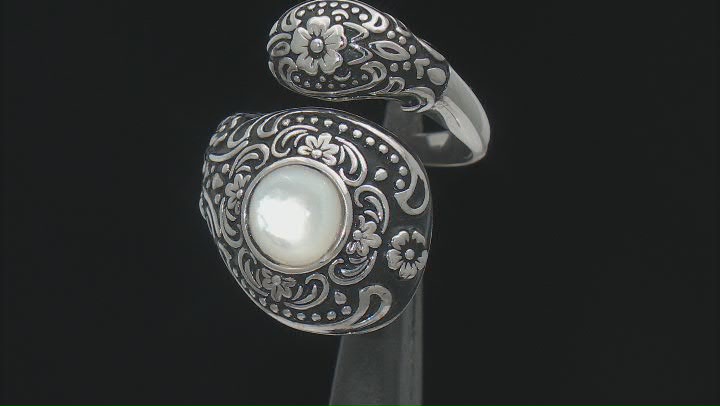 White Mother-of-Pearl Rhodium Over Sterling Silver Oxidized Bypass Ring Video Thumbnail