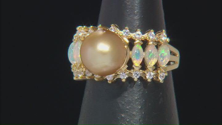 Golden Cultured South Sea Pearl, Ethiopian Opal & White Zircon 18k Yellow Gold Over Silver Ring Video Thumbnail