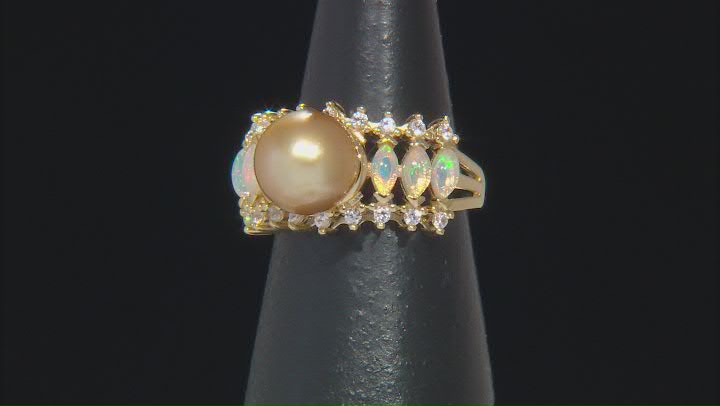 Golden Cultured South Sea Pearl, Ethiopian Opal & White Zircon 18k Yellow Gold Over Silver Ring Video Thumbnail