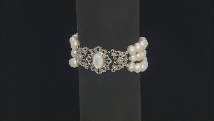 White Cultured Freshwater Pearl and Mother-of-Pearl Rhodium Over Sterling Silver Bracelet Video Thumbnail