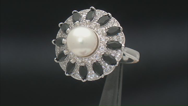 White Cultured Freshwater Pearl Black Spinel and White Zircon Rhodium Over Sterling Silver Ring Video Thumbnail